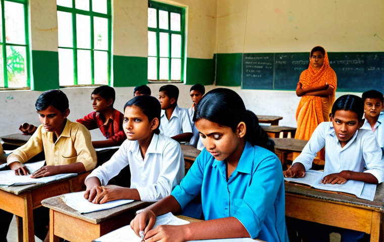 **
A vibrant classroom scene in a rural Bangladeshi school. Focus on teacher training, showing a workshop with teachers learning interactive teaching methods and using modern educational tools like computers and online resources. Emphasize the lively atmosphere with group discussions and engaged teachers.
**