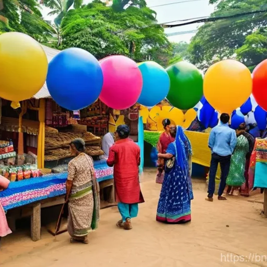 문화적 아이덴티티와 지역 정체성 - **Prompt:** A vibrant and lively Bengali village fair (Mela) under a clear, sunlit sky. The scene is...