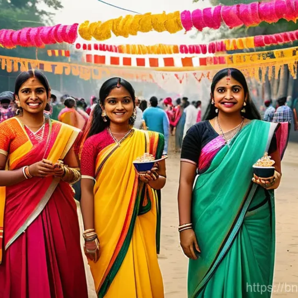 다문화 사회에서의 지역 정체성 형성 - A vibrant outdoor scene depicting a traditional Bengali cultural festival (such as Pohela Boishakh o...