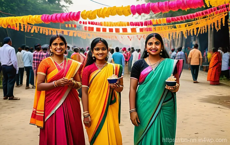 다문화 사회에서의 지역 정체성 형성 - A vibrant outdoor scene depicting a traditional Bengali cultural festival (such as Pohela Boishakh o...