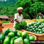 Home 21 지역 정체성 강화를 위한 생태계 복원 프로젝트 - **Prompt:** A vibrant, sun-drenched Bangladeshi village market bustling with activity. Farmers, both...
