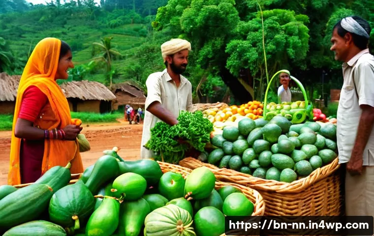 지역 정체성 강화를 위한 생태계 복원 프로젝트 - **Prompt:** A vibrant, sun-drenched Bangladeshi village market bustling with activity. Farmers, both...