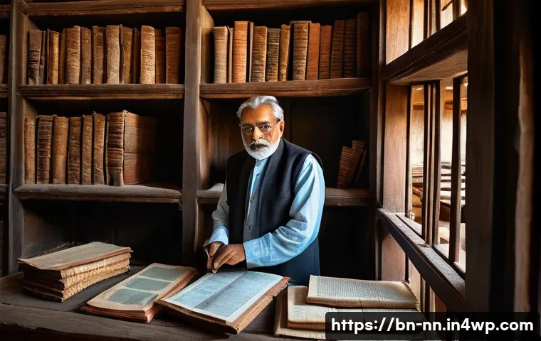 지역 정체성 강화에 기여하는 인물들 - A dedicated Bengali social worker meticulously examining ancient documents and inscriptions inside a...