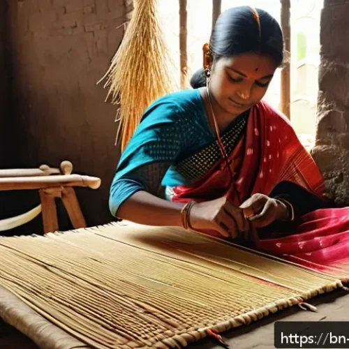 Home 30 전통공예와 지역 정체성의 상관관계 - A detailed image of traditional Shitalpati weaving from Bogura, showcasing artisans skillfully weavi...
