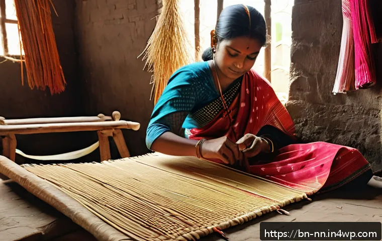 전통공예와 지역 정체성의 상관관계 - A detailed image of traditional Shitalpati weaving from Bogura, showcasing artisans skillfully weavi...