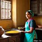 Home 23 정체성 강화를 위한 전통 음식의 재조명 - A vibrant Bengali kitchen scene showcasing a middle-aged Bengali woman in traditional attire prepari...
