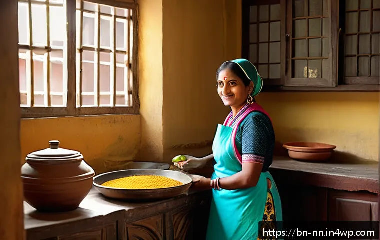 정체성 강화를 위한 전통 음식의 재조명 - A vibrant Bengali kitchen scene showcasing a middle-aged Bengali woman in traditional attire prepari...