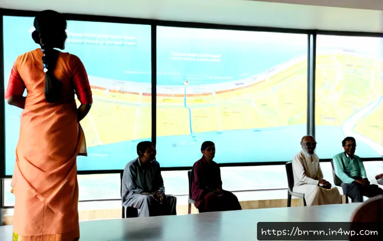 지역 정체성 연구 결과 발표 - Photorealistic community research presentation in a bright modern civic hall, Bangladeshi researcher...