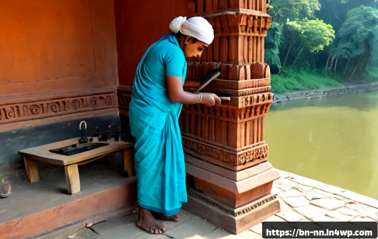 문화유산 보존과 지역 정체성 - Photorealistic early morning scene at a carefully restored historic riverside temple in Bengal, warm...